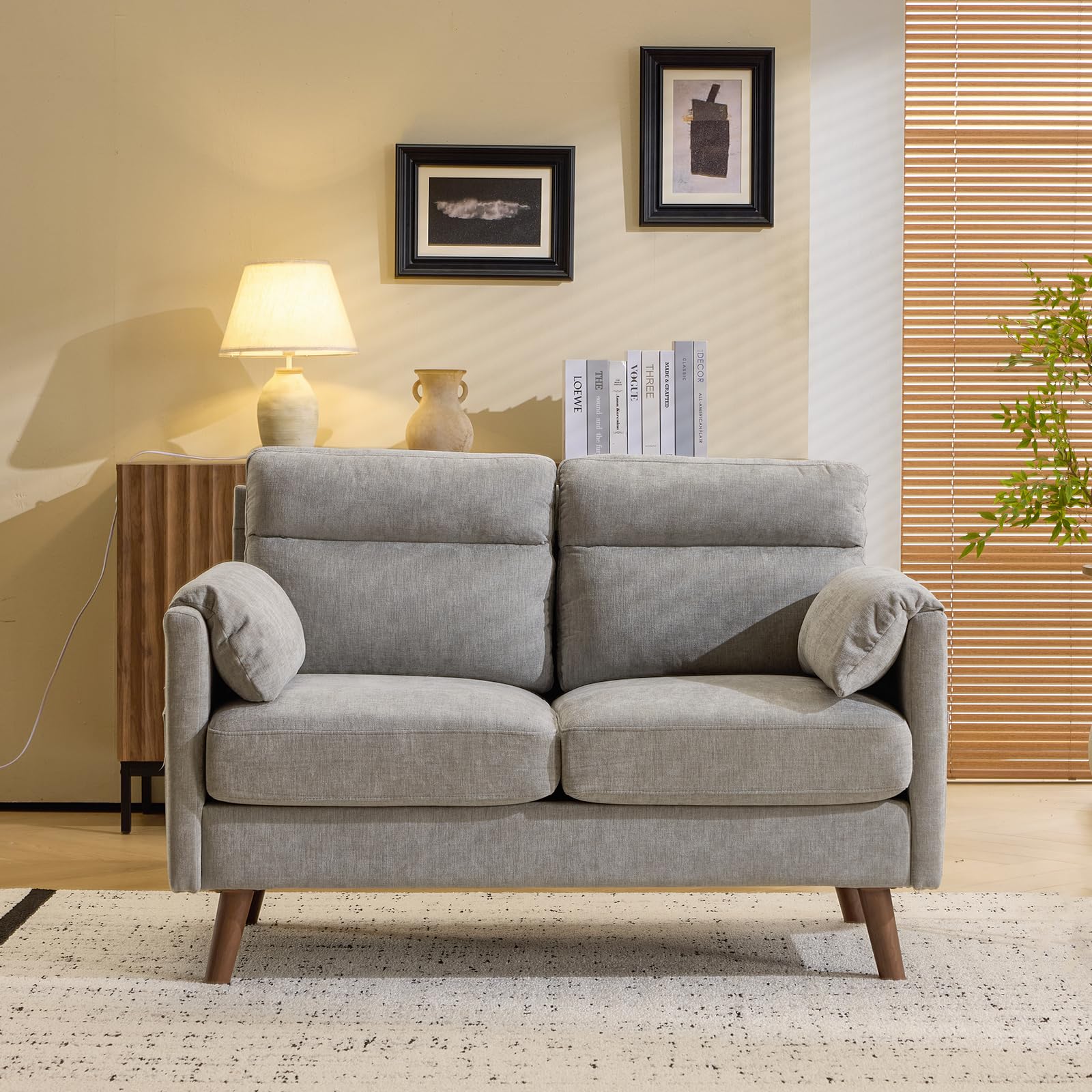 modern compact 2 seater sofa with foam cushion tapered legs assembly suitable for small spaces space saving loveseat with side pocket storage soft cushion deep seat couch for living room bedroom dorm office