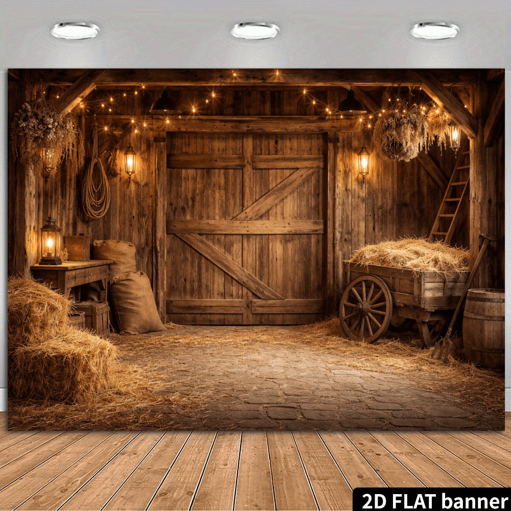 TEMU 2d Flat, 2d Flat Banner, 1pc Rustic Barn Decoration Backdrop Featuring A Wooden Wall And Double-door Design, With , Wooden Barrels, And A