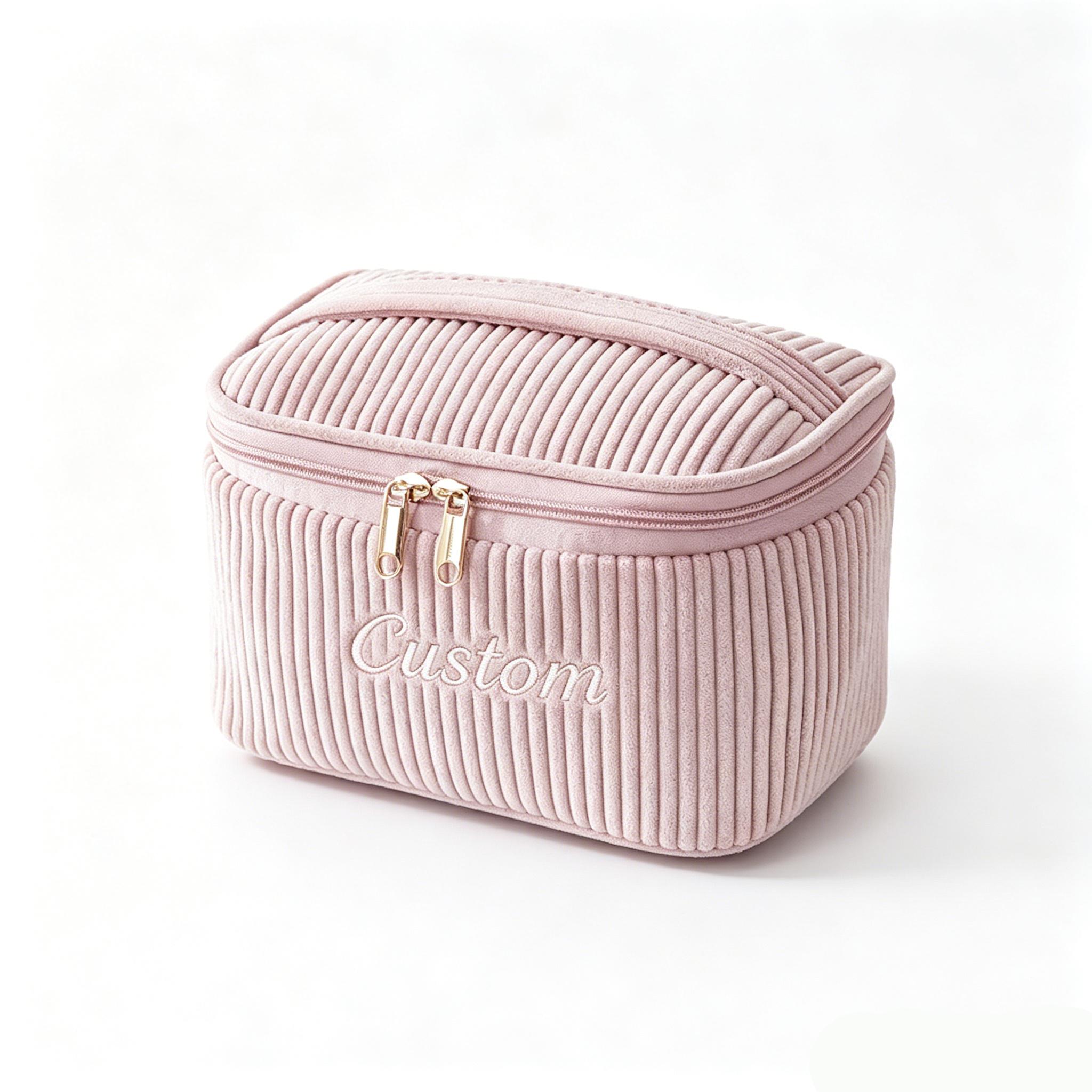 TEMU 1pc Embroidered Name Corduroy Makeup Bag - Large Capacity Travel Cosmetic Organizer With Embroidery, Smooth Zipper Closure, Lightweight Foldable