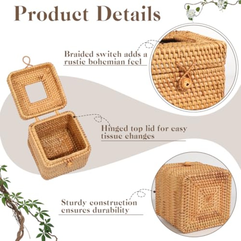 2pcs tissue box cover 5. 7 x 5. 7 x 5. 7 square tissue box cover decorative woven facial tissue holder with hinged top lid for home   desk living room dec, tissue box with storage, tissue box holder vintage, tissue box holder, home decor accessory, desk organizer, rustic home decor, elegant tissue case, handcrafted holder, durable woven material, decorative storage, woven tissue case, tissue box cover cube, cute tissue box holder,  ce decor and accessorie, tissue holder box Product details 1