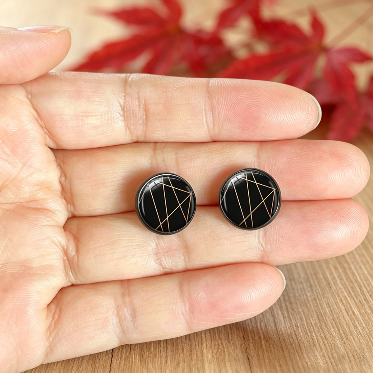 Black Background Golden Irregular Geometric Line Pattern Stud Earrings