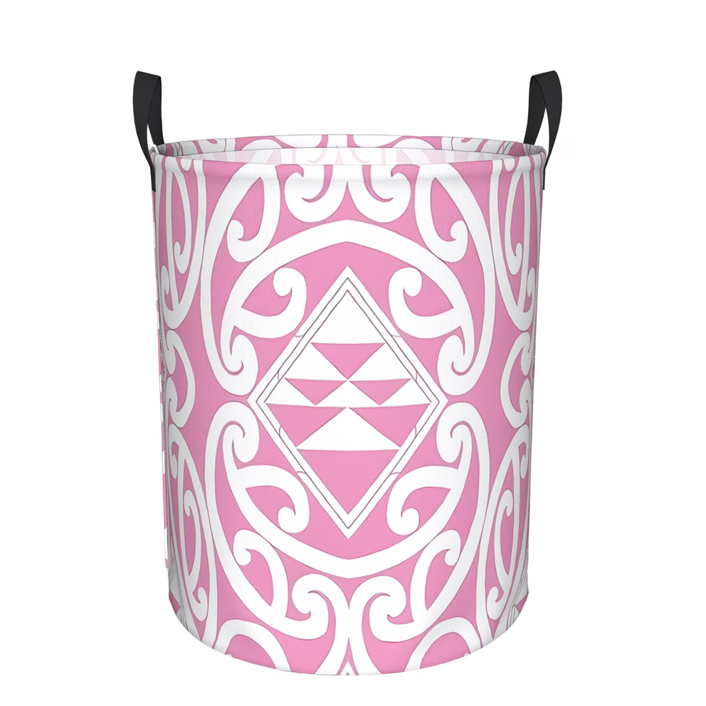 TEMU 1pc Pink Maori Pattern Themed Large Round Laundry Basket, Fabric Storage Basket With Portable Handle, Durable Laundry Organizer Basket, Storage