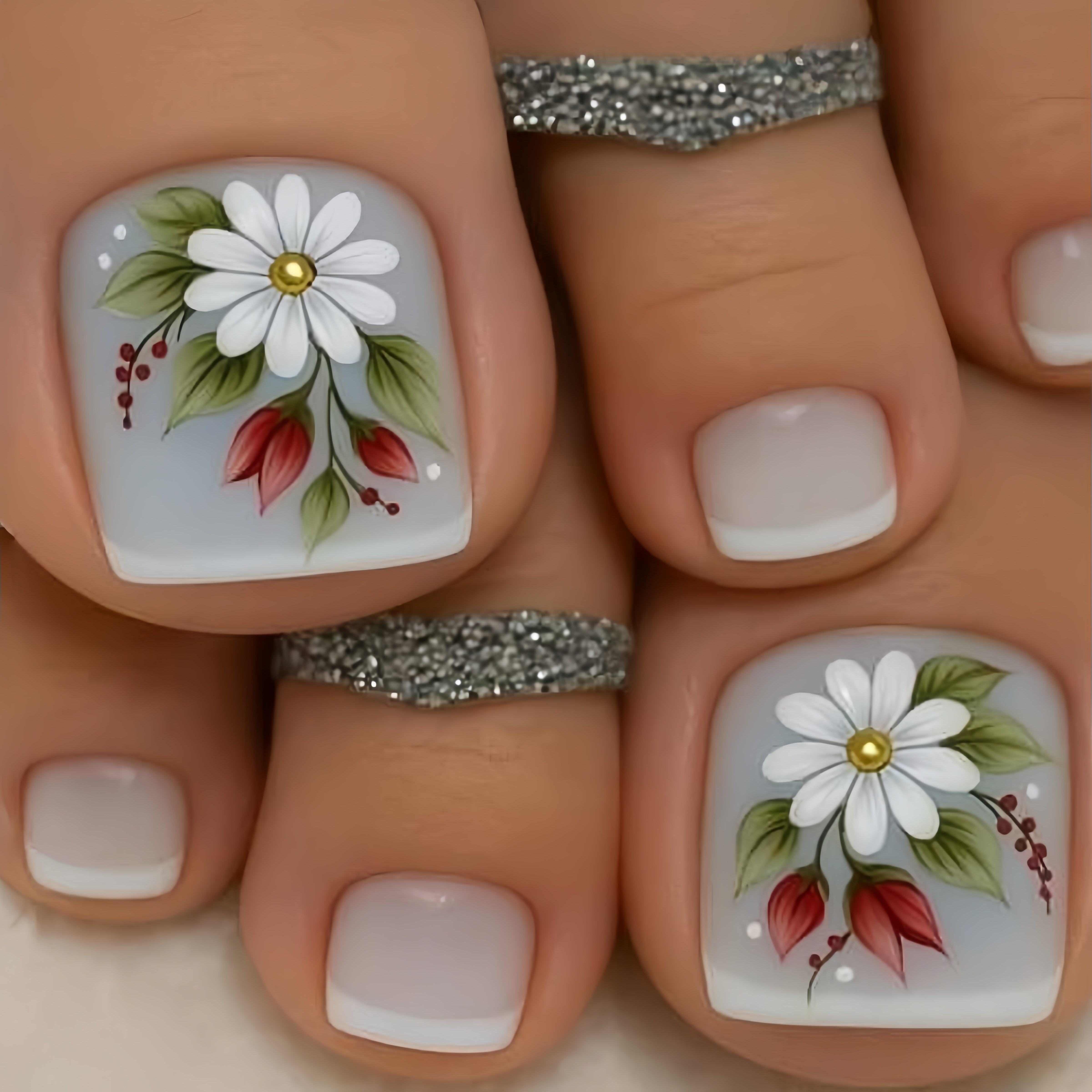 TEMU 24pcs Gray French Daisy Press-on Nails Toe Nails Short Square Tips Elegant Style Nails Removable Fake Nails Press-on Nails Women's Toe Nails