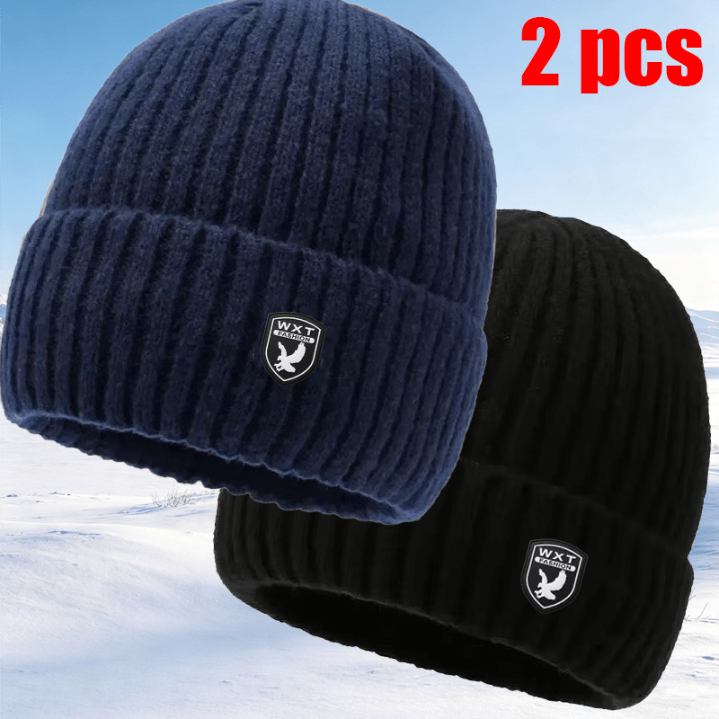 TEMU 2pcs Men Autumn& Winter Fleece Lined Thickened Knit Beanie Hats, Thick Ribbed Warm Caps Cold Weather Daily Outdoor Wear, Gray& Black