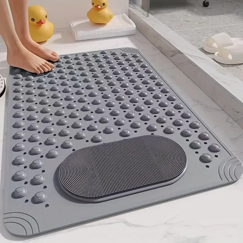 TEMU Non-slip Pvc Bath Mat With Massage Buttons- Light Blue& Polka Dot Pattern, Rectangular Shower And Bathroom Safety Mat, 0.35inch Thick, Durable Pvc Material, Bath Accessories