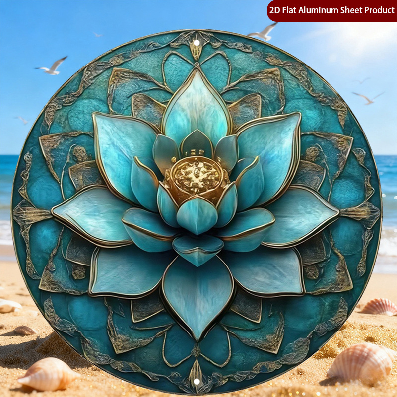 TEMU 2d Flat, 1pc Mandala Design Round Sign,blue For Lotus Decorative Plaque, Art Round Plaque, Golden Accents Metal Wall Decor, Wall Decor Signs For