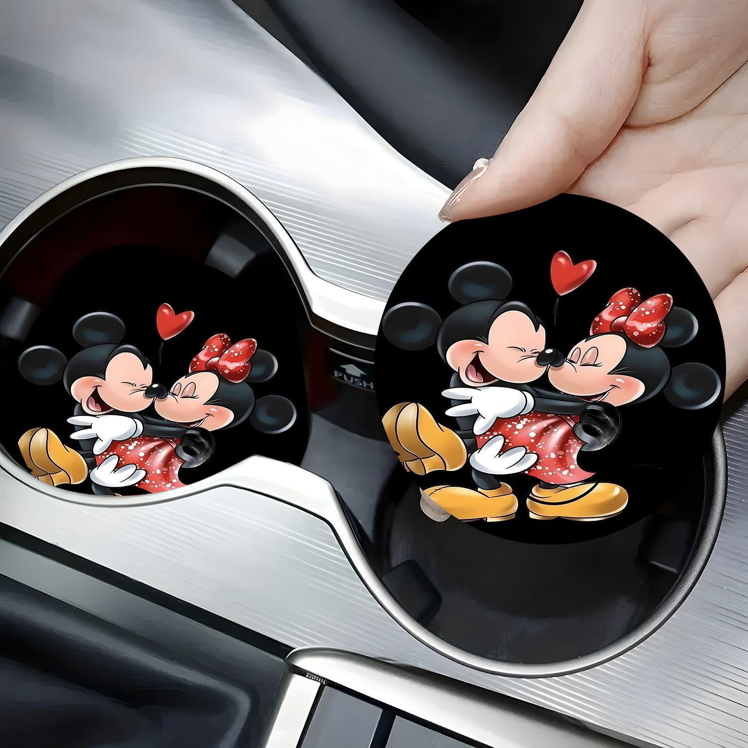 TEMU 2pcs & Mouse Car Coasters - Non-slip Rubber Mug Holder Inserts, Romantic Cartoon Design With Red Hearts, Valentine's Day & Christmas Gifts, Car Accessories, Cup Holder