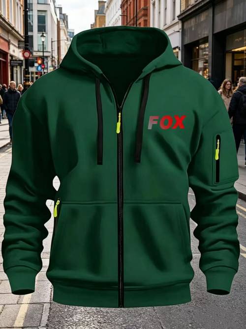 mens autumn and winter trend fox letter print hooded zipper sweatshirt color block casual versatile cardigan jacket sweatshirt coat