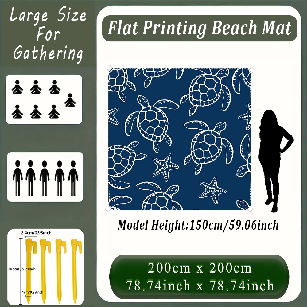 TEMU 2d Flat Printing, Single Piece, Simple And Refreshing Vacation Ocean Hand-drawn Line Art Turtle Element Print, Flat Printed Outdoor Beach Mat,