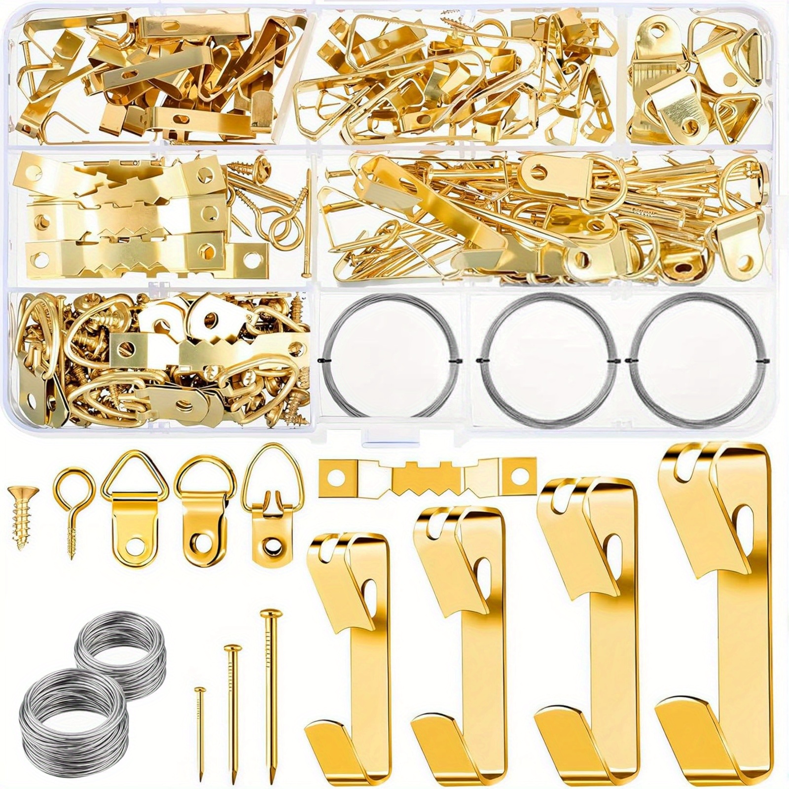 TEMU 246pcs Picture Hanging Kit - Picture Hangers Assorted Kit With Heavy Duty Wall Hooks, Sawtooth, Picture Wire, Hardware Nails, Eye Hooks And For