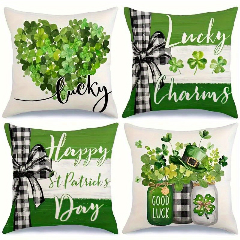 TEMU 4 's Day Pillowcases, 18x18 Inches, With Zipper Closure, Soft And Comfortable, Machine Washable, Made Of Polyester Fabric Featuring Shamrocks, , And Bottles Pattern, Suitable For Room Types
