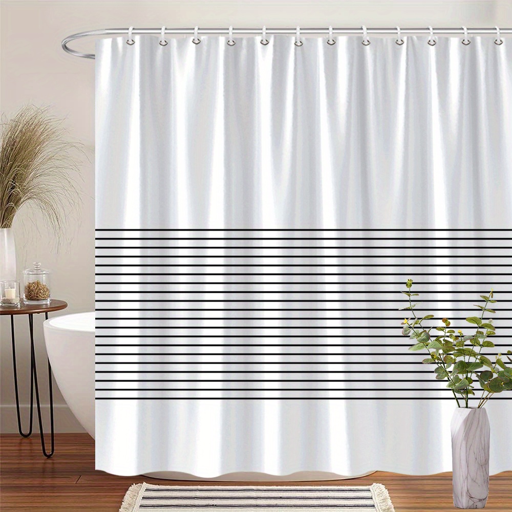 TEMU 1pieza Cortina de ducha de línea negra minimalista, diseño moderno de variada grosor, poliéster lavable a máquina, tema de moda, 70,86x70,86