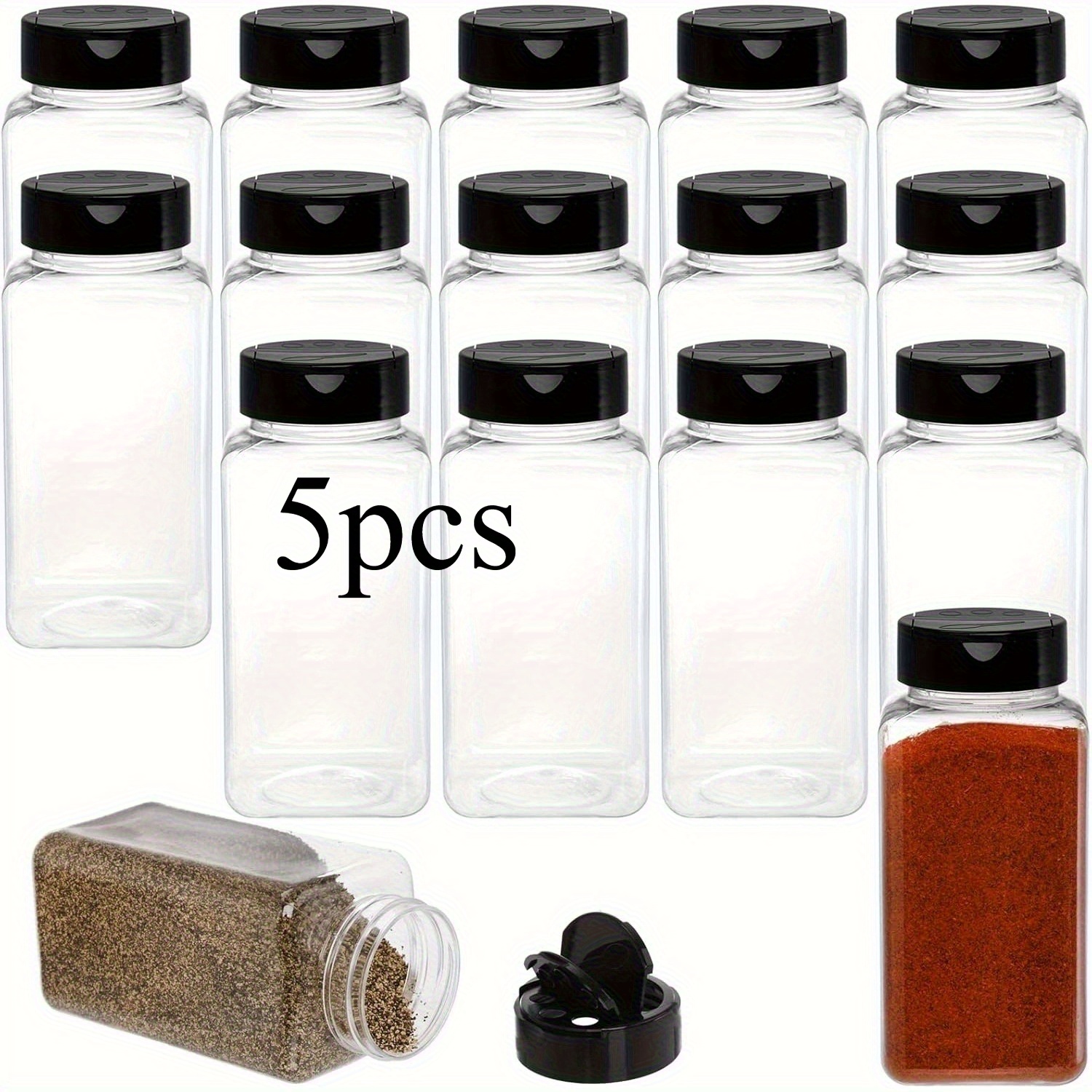 Image of 5pcs 520ml/17oz Clear Plastic Spice Jars Spice Containers Spice Bottles Seasoning Organizer With Black Lids, Square Seasoning Containers With Reusable Salt And Pepper Shakers, Featuring Airtight Lids