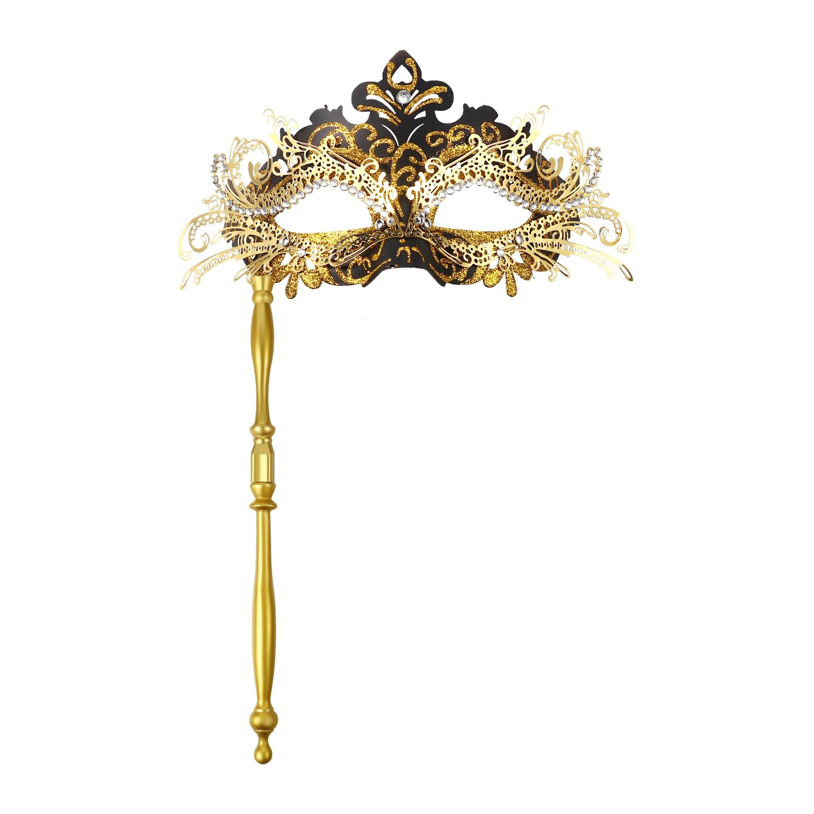 Image of Jewelrywe Masquerade Mask Women With Stick: Rhinestone Venetian Mask With Stick Halloween Costume Mask Face Mask Eye Mask For Carnival Party Ball Cosplay