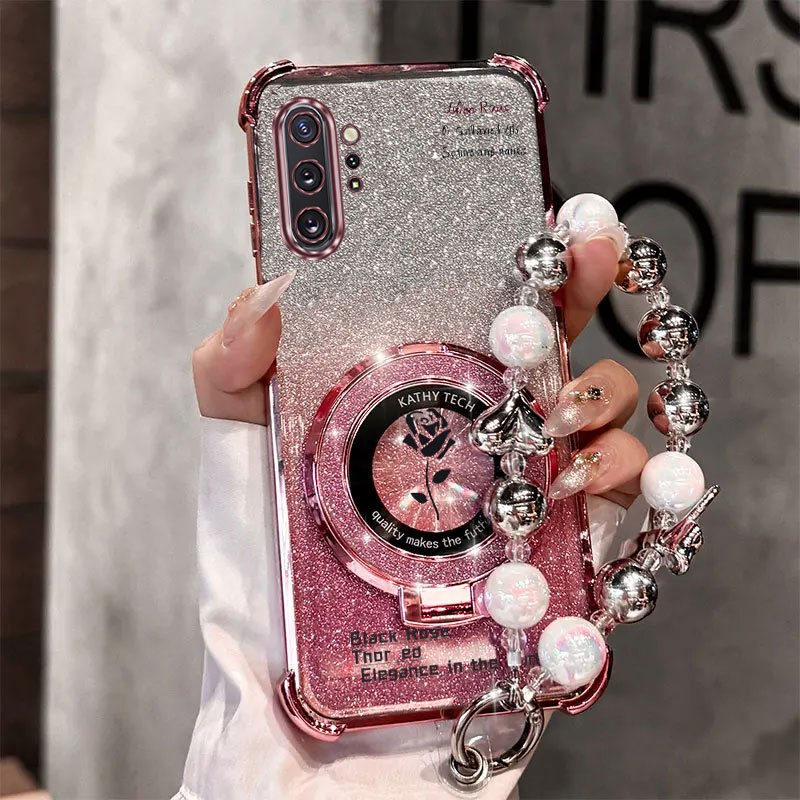 TEMU Coque de téléphone - Étui de protection noir avec support rose pour Samsung Galaxy Note 10 Plus, revêtement aux chocs et dragonne porte-bagages