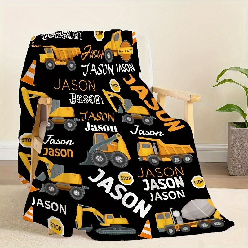 TEMU 1pc Custom Text Excavator Print Flannel Blanket, Personalized Soft Warm Flannel Throw For Grandson's Christmas Gift, Suitable For Sofa, Bed,