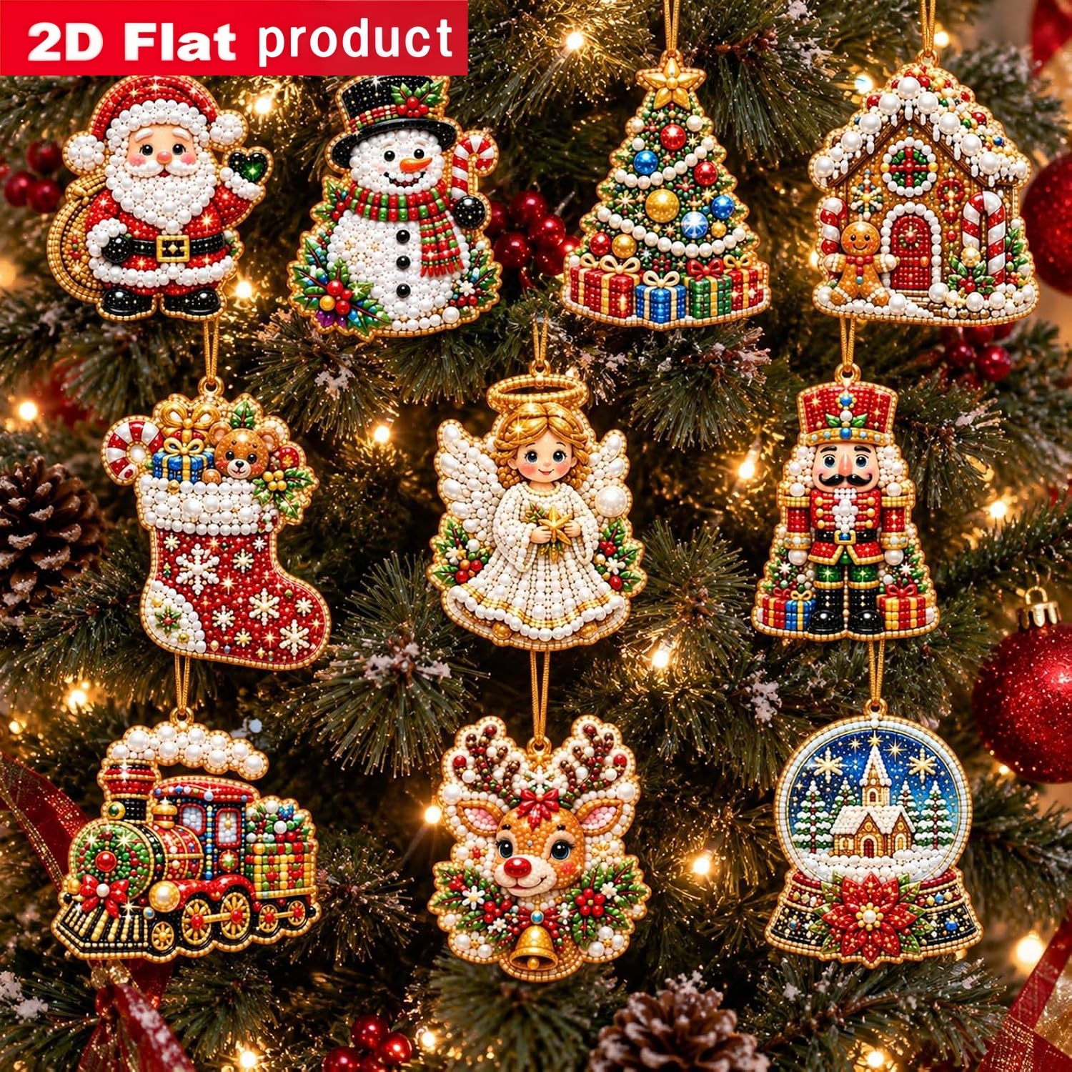 TEMU Lot de 10 pièces : Ornements de Noël en bois à peindre au diamant 2D plat à soi- - Impression , kit complet avec tous les matériaux - Loisir
