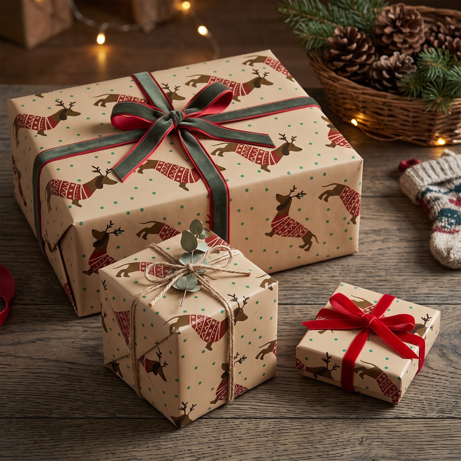 TEMU Rouleau de papier cadeau de Noël, papier d'emballage cadeau chien teckel avec motif pull et points verts, fournitures d'emballage de cadeaux de