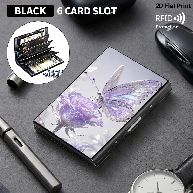 TEMU Rfid Blocking Metal Card Holder For Women Men Purple Glitter Crystal Rose Minimalist Credit Card Case Metal Anti-theft Business Card Wallet