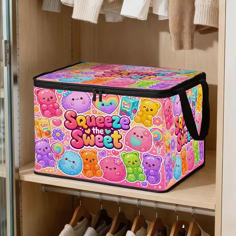 TEMU 1pc 1pc Foldable Zipper Storage Box, Macaron Round Little Dumpling Soft Cute Full Coverage Cartoon Full Print Design, Can Store Clothing And