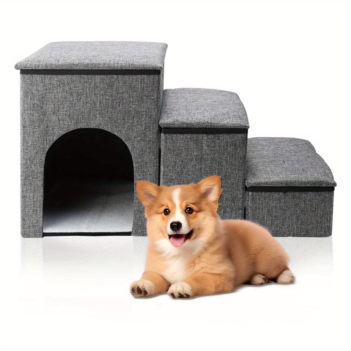 TEMU Three-level Pet Stairs Featuring Storage, Collapsible Design For Small To Medium Dogs, A Climbing Ladder For Pets, Storage Steps Suitable For