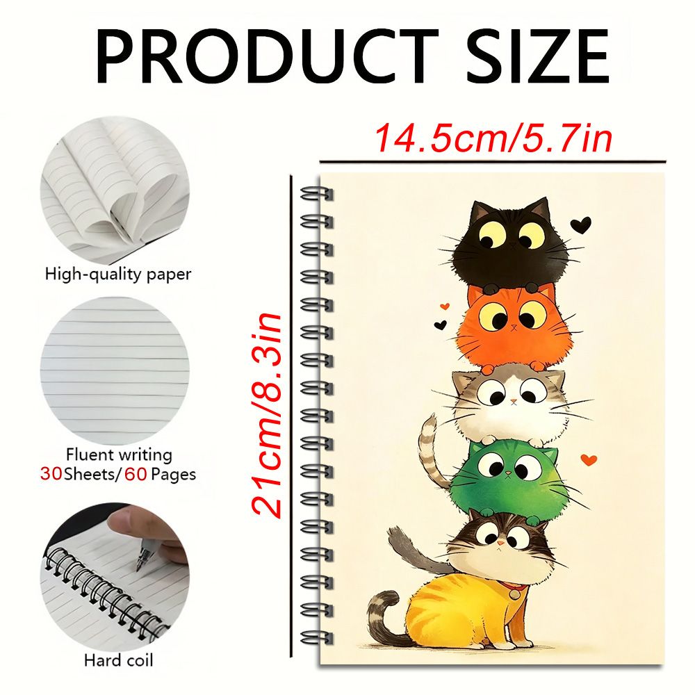 TEMU A5 Spiral Notebook For Adults, 60 Lined Pages, High Quality Paper, Stacked Colorful Cats With Hearts Design, School & Daily Use, Perfect Gift