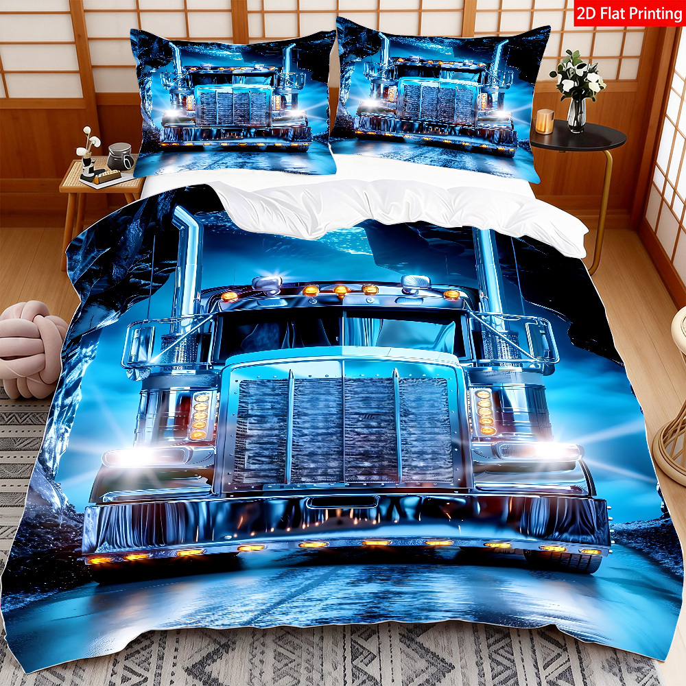 TEMU 2d Flat 2/3pcs Printing Blue Semi Truck For Bedroom Decor, Bedding Quilt Cover Pillowcases (1 X Duvet Cover And Pillowcases, Without Core)