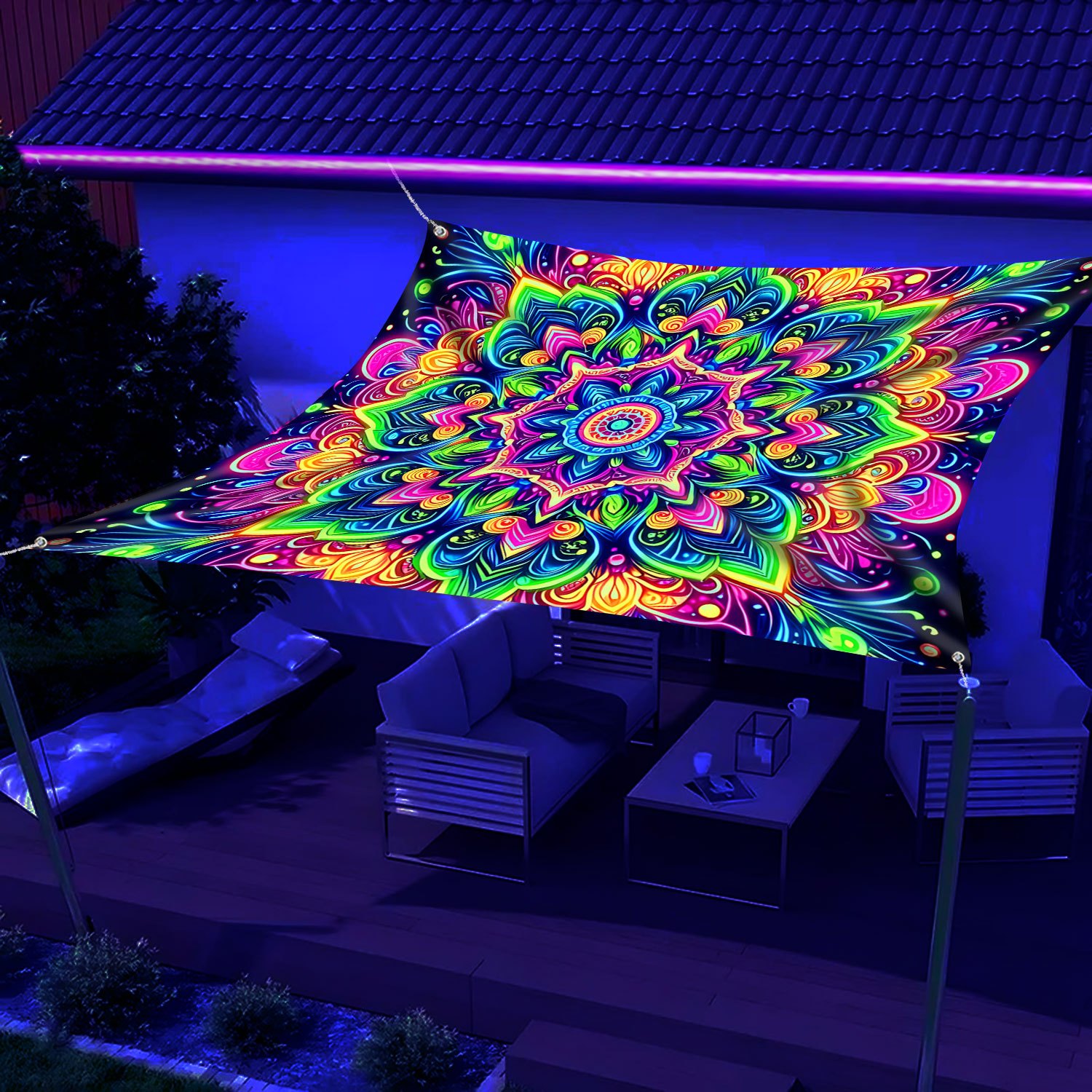 Image of 1pc [qd_vivios] Glow In The Uv Light Blooming Floral Medallion Print Sunshade Canopy Vibrant Bohemian Inspired Lightweight Polyester For Beach Picnics Outdoor Adventure Shade (poles Not Included)