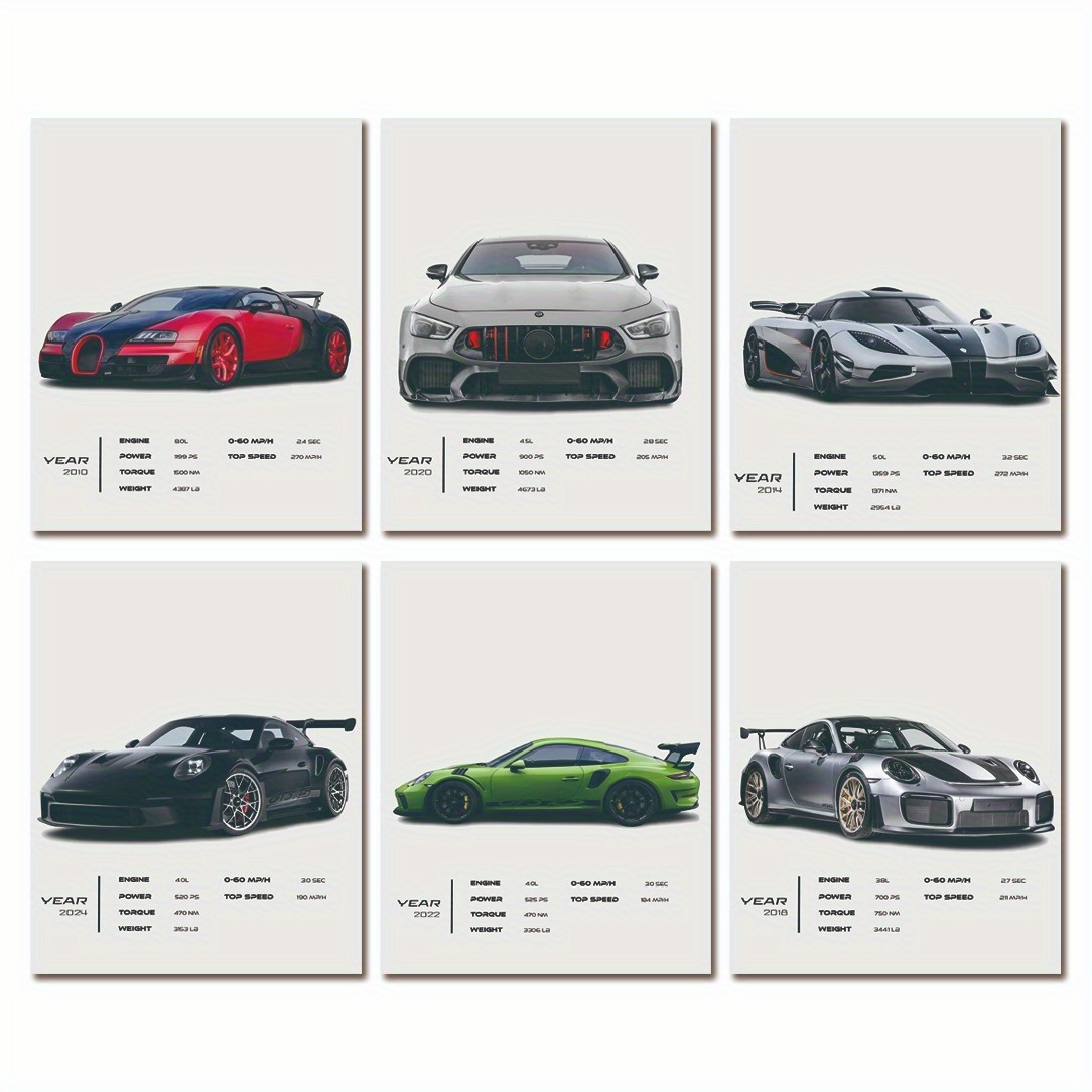 TEMU 6pcs Frameless Sports Car Wall Art Posters - Modern Minimalist Decor With 6 Unique Models, 8x10 Inch High- For Living Room, Bedroom, Office