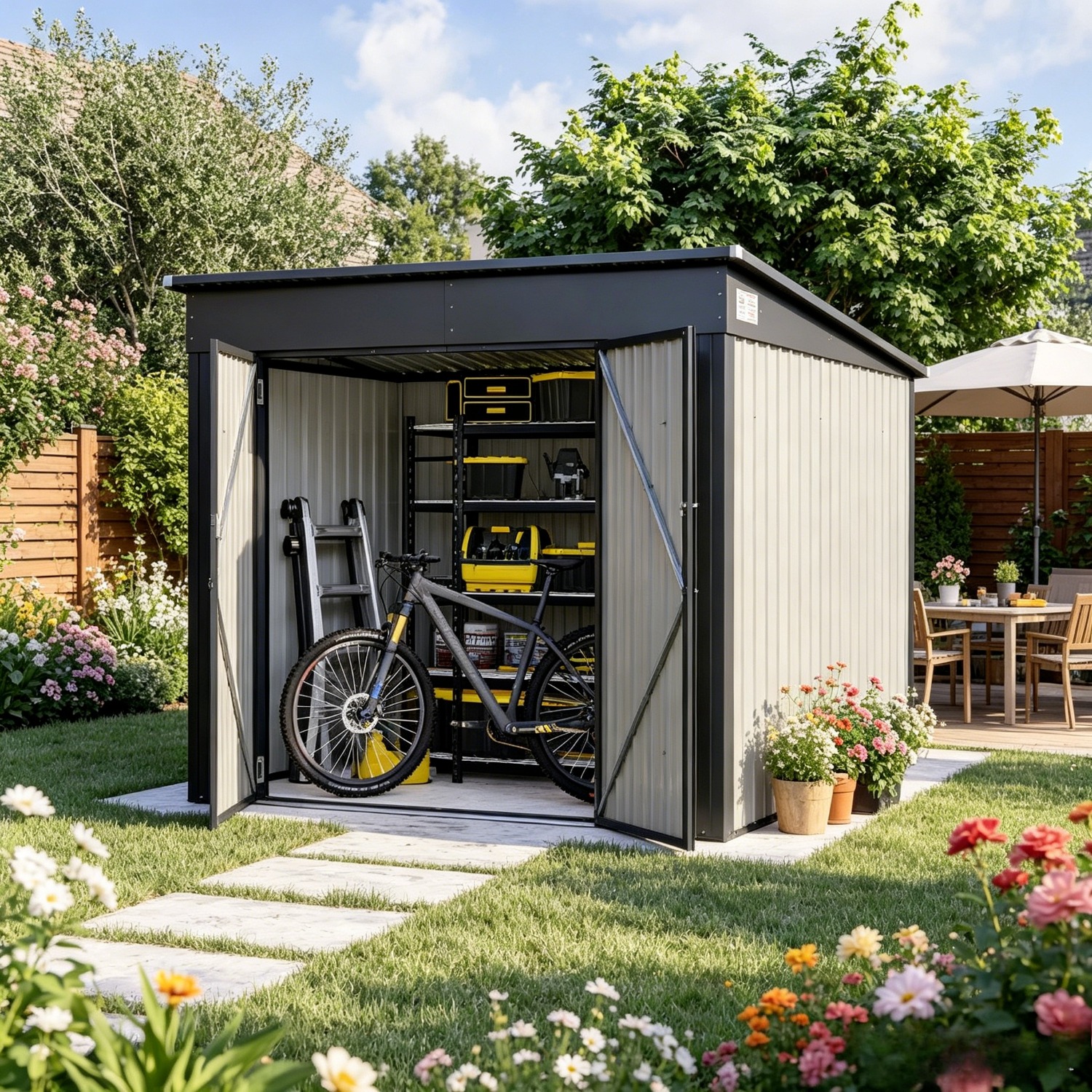 Image of Temporary Gartenhaus Metall 232x131x183cm With 3 Doors And Countertop Roof, Weatherproof Bicycle Garage For Up To 4 Bicycles, Stable Equipment Shed Made Of -coated Steel For And Courtyard