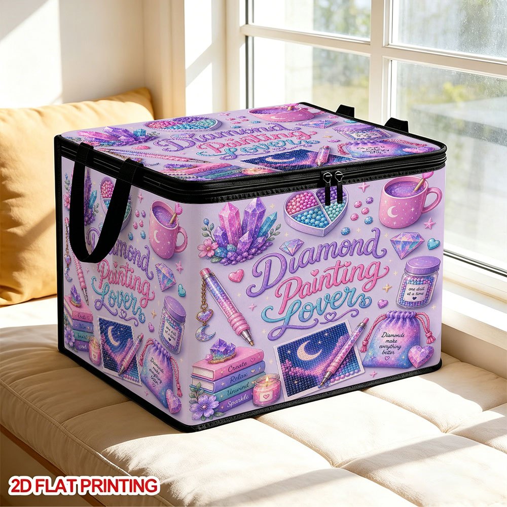 TEMU This 2d Flat Printing Fabric Storage Box With Lid Features And Diamond Painting Tools, Stationery, And Starry Elements In Purple. The Box Is