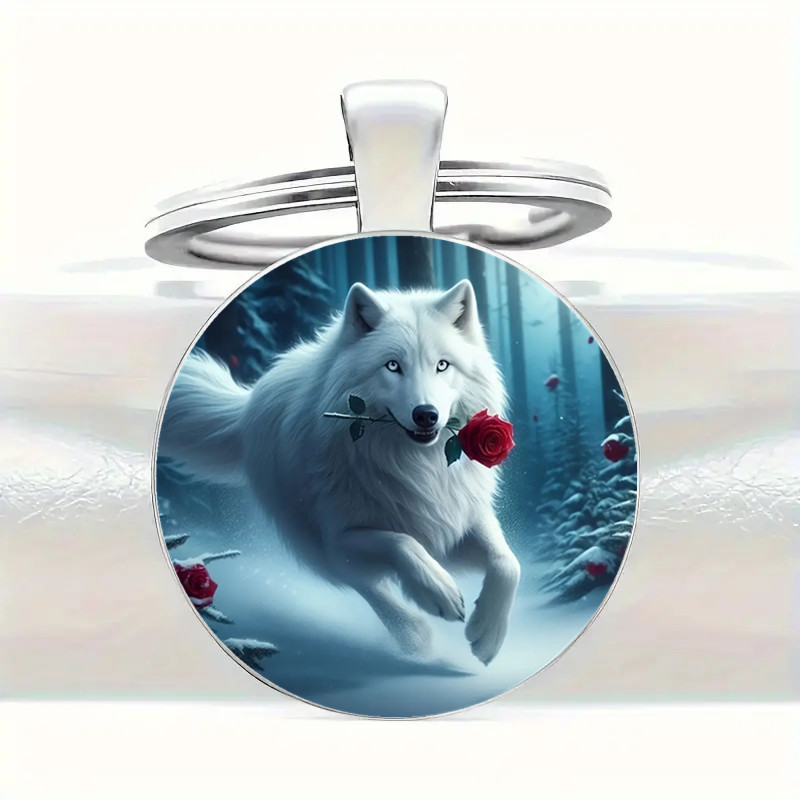 

White Wolf And Rose Keychain – Elegant Alloy Pendant, Ideal For Bags, Cars, Home Decor, Anniversary & Holiday Gifts, Featuring A Wolf With A In Snowy Scene