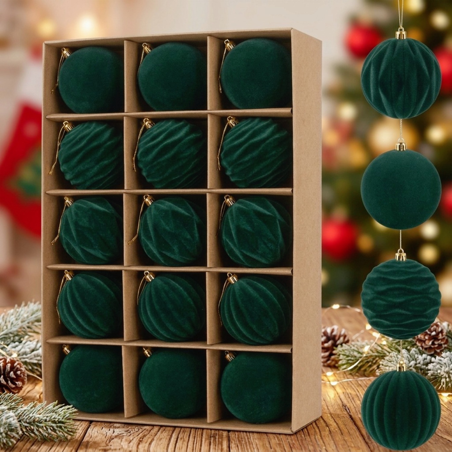 TEMU 15pcs Dark Green Velvet Christmas Ornaments, Flocked Christmas Balls Set, Shatterproof Hanging Baubles, Luxury Xmas Tree Decorations For Wedding