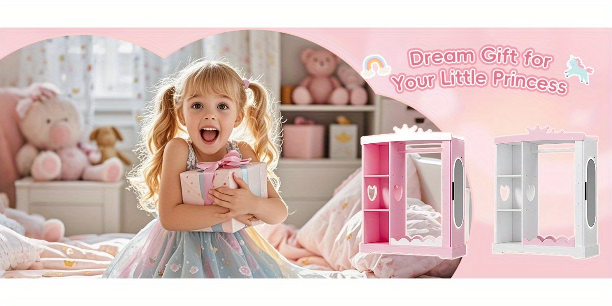 Kids Armoire with Jewelry Cabinet, Dress up Storage with Mirror and Shelves, Princess Dress Closet and Costumes Wardrobe Closet, Costume Organizer for Bedroom, Kids Room, Girls