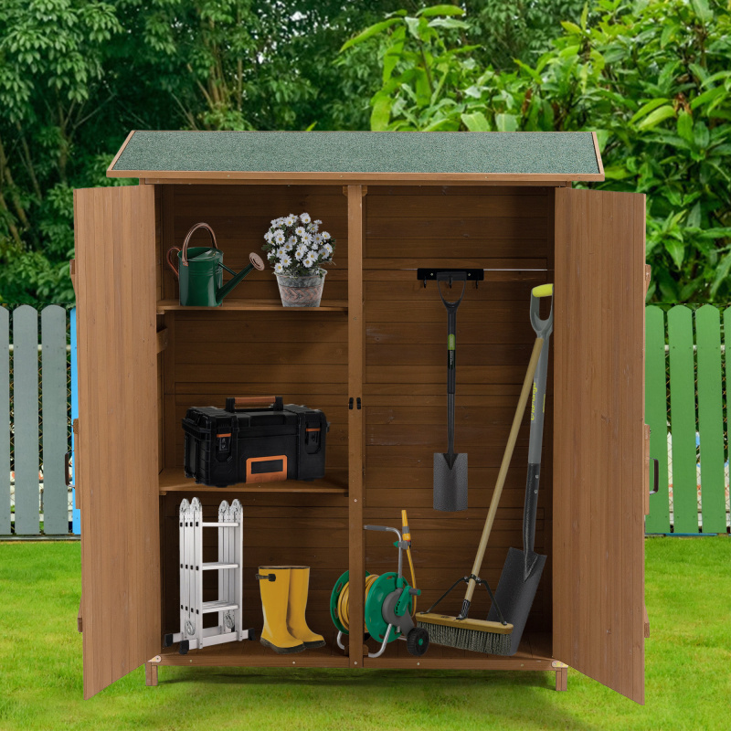 14.79gal x 19, 5W x 64H Outdoor Storage Shed with Lockable Door Wooden Tool Storage Shed w Detachable Shelves Pitch Roof Yellow Brown