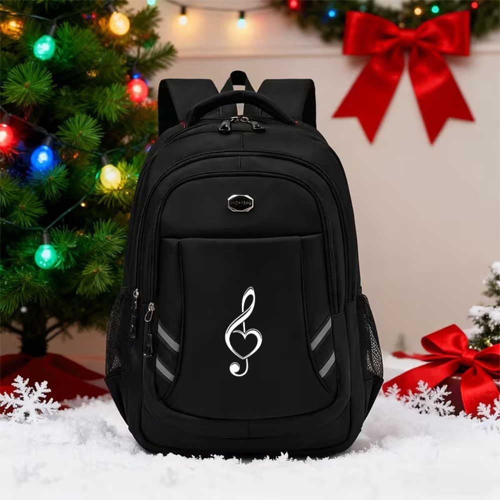 TEMU Heart Treble Clef Backpack With Reflective Strips - Back-to- Multi-functional Travel Backpack, Fresh Printed Design, Durable And Wear-resistant,