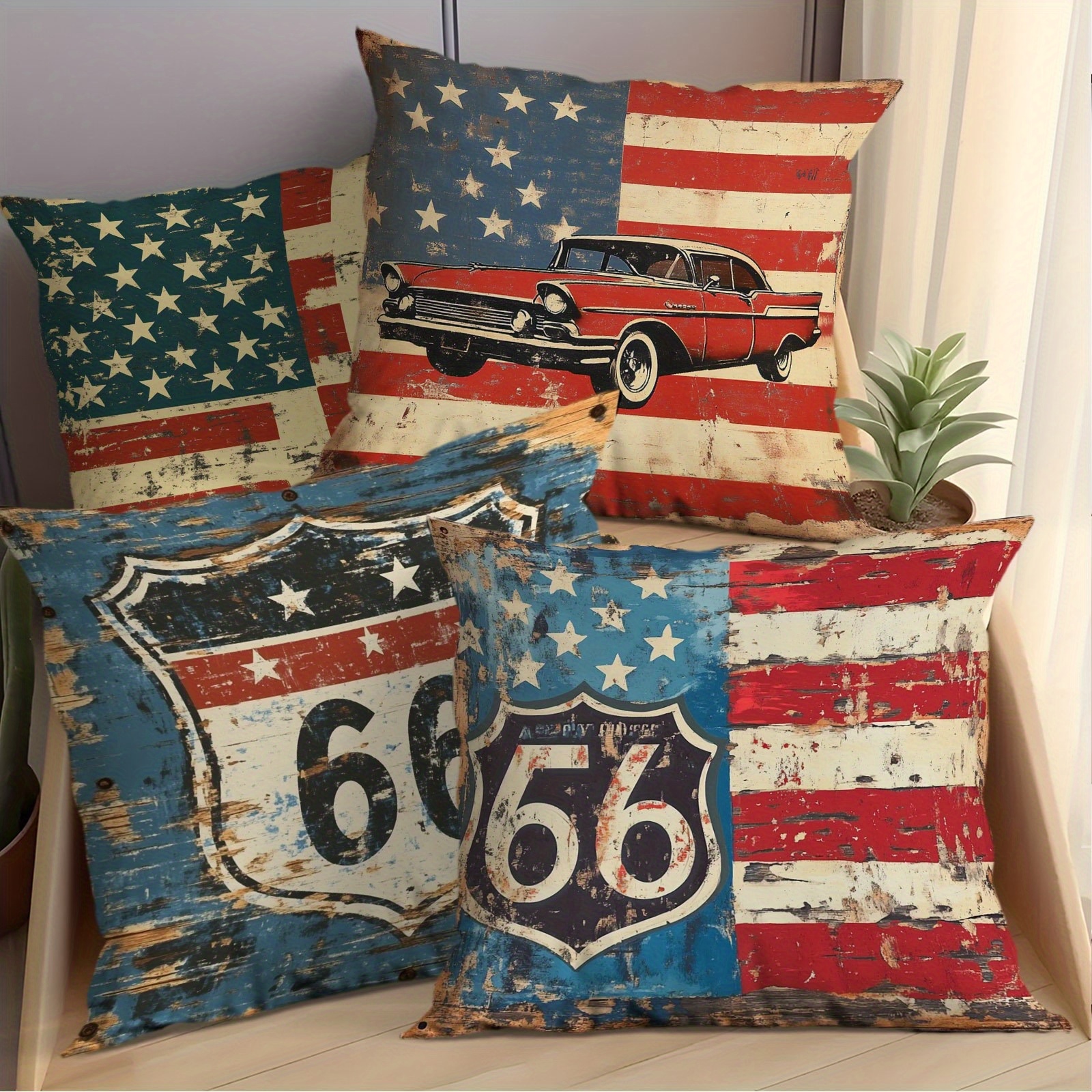 TEMU Lot de 4 taies d'oreiller 2D à impression unique, coussin, motif drapeau américain vintage - Housses de coussin 100 % fibre de , convient pour