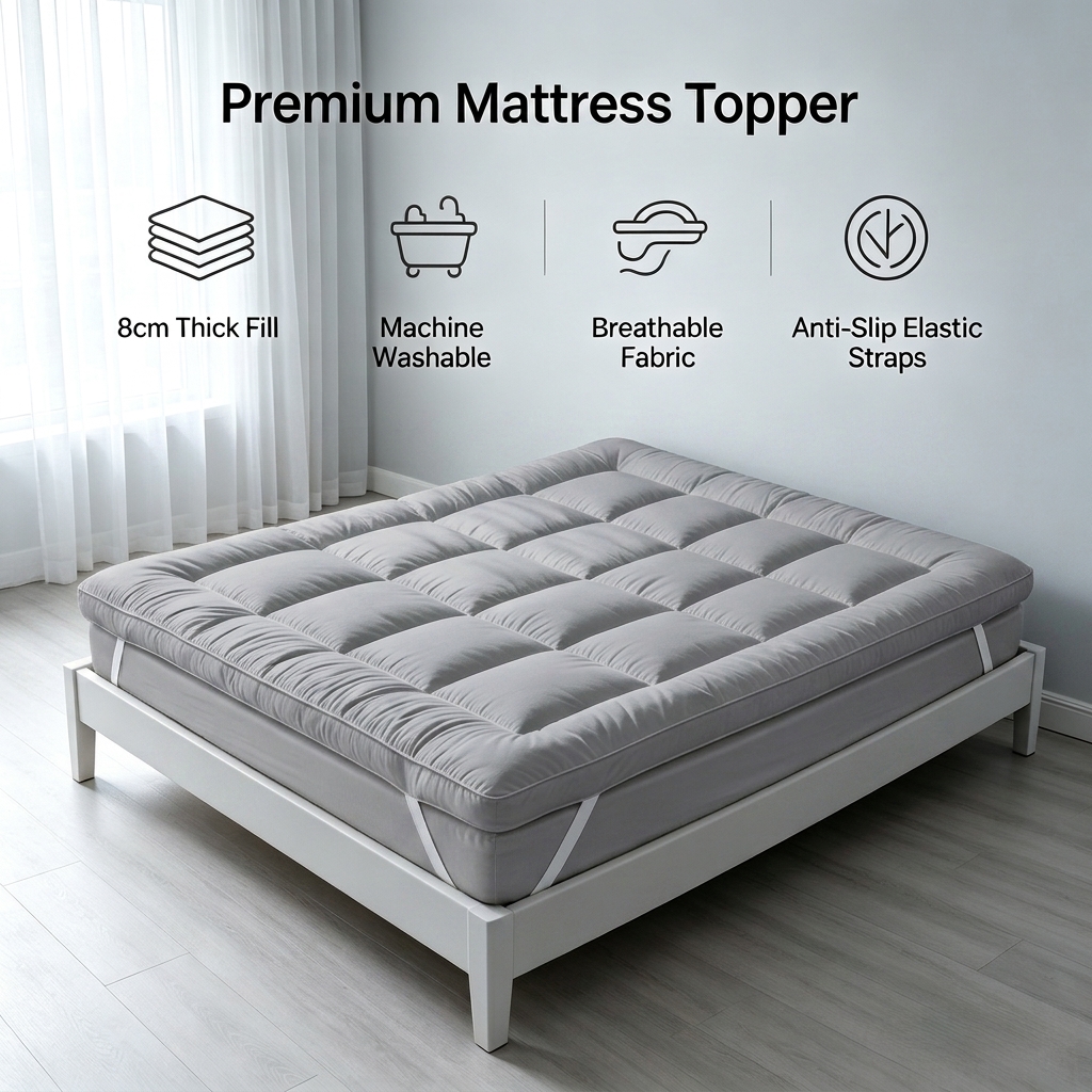 TEMU 8cm Mattress Topper With Elastic Corner Straps, 1000gsm Microfiber Mattress Pad, Soft Breathable Mattress Cover, Machine Washable, Mattress