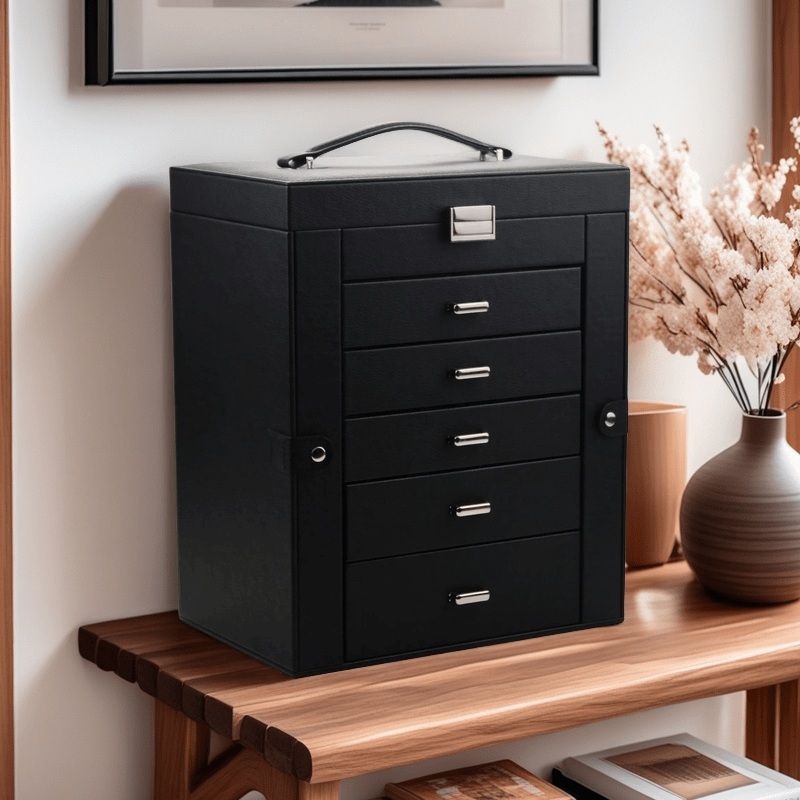 6 layer black   leather jewelry storage box with   removable drawers   elegant organizer for bracelets watches rings necklaces earrings jewelry box Product details 3