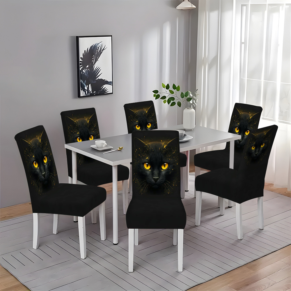 

2/4/6pcs Modern Black Cat Print Stretch Chair Covers, Elastic Band Fabric, Hand Wash Only, Digital Printing, 120-140g Square Gram Weight, Dining Room Living Kitchen Decor