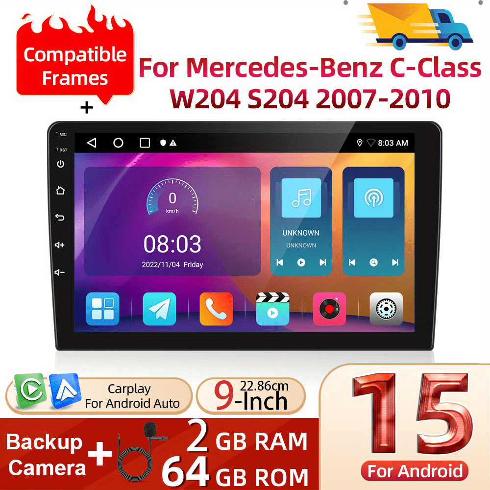 Image of [2g+64g] 15 For Mercedes-benz W204 S204 2007-2010 (frame Included) Double Din Car Stereo Featuring And Auto, Podofo 9 Inch Touch Screen 2 Din Wireless Car Radio With , Gps Navigation