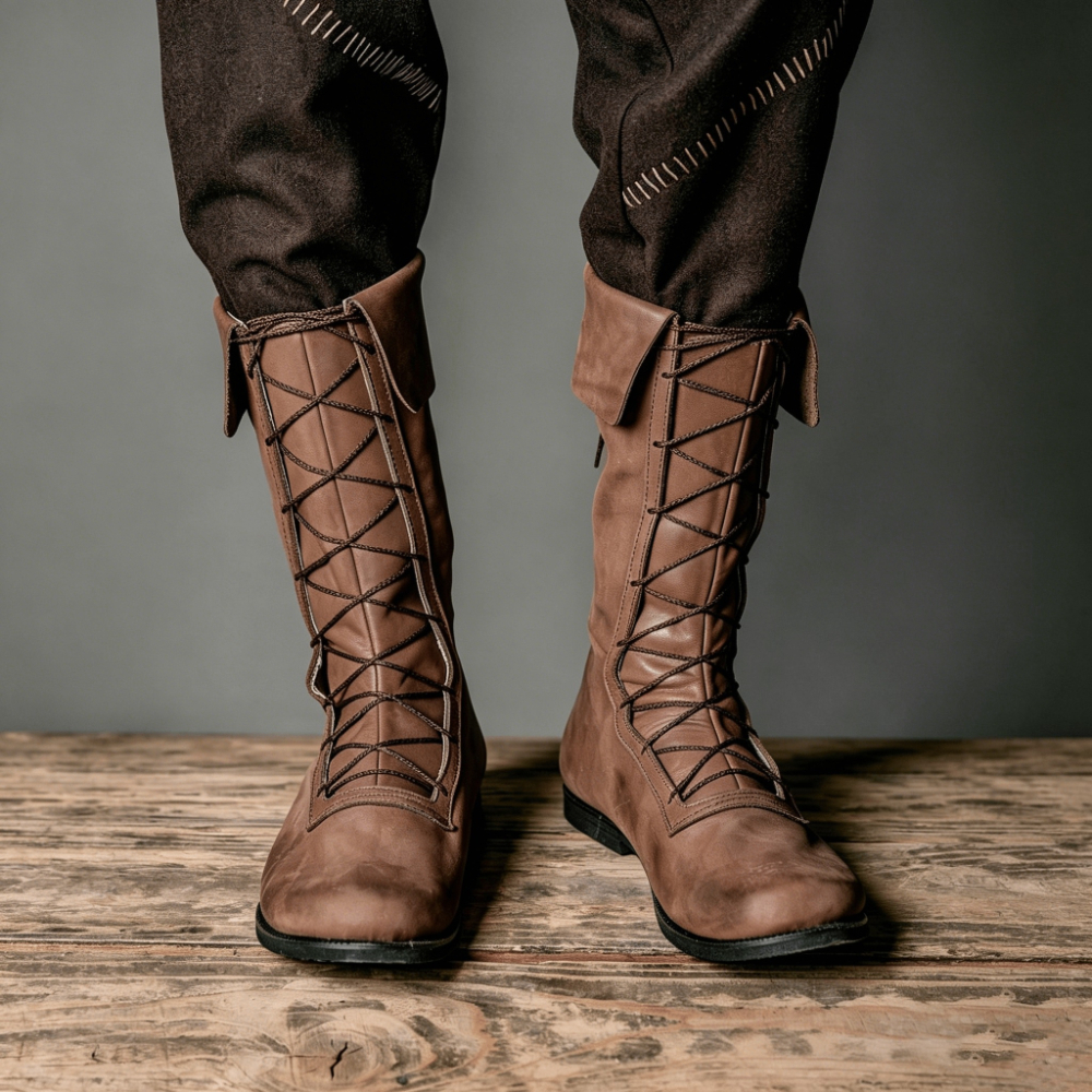 Image of Men's Medieval Knee-high Boots - Lace-up Renaissance Renaissance Suitable For Historical Reenactment, Larp, & Themed Events, Sole & Round Toe, - Comfortable Footwear For Role-play