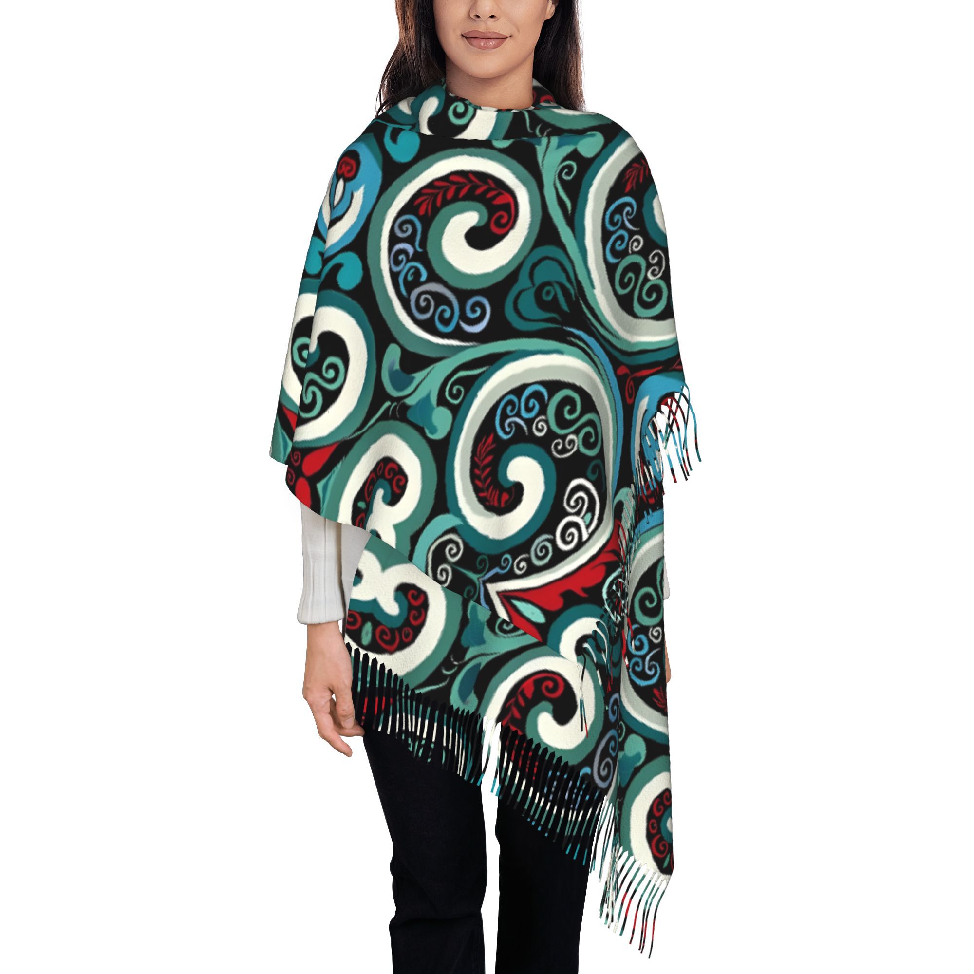 TEMU New Zealand Paua & Print Koru Symbol Fringed Scarf Shawl - Tribal Warm Unisex For &, Cultural, Christmas, New Year, Casual Outfits & Cycling 281