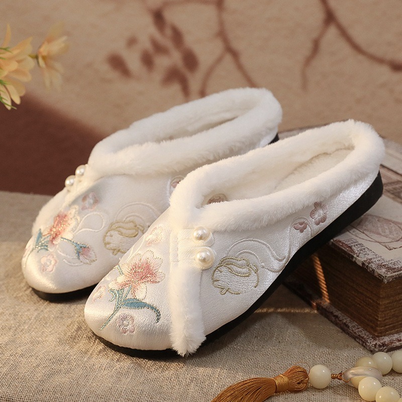 New Chinese Style Women's Half Slippers, Fleece-lined Han Element Home Soft Sole Ancient Costume Hanfu Shoes, Women's Cot, Women Shoes