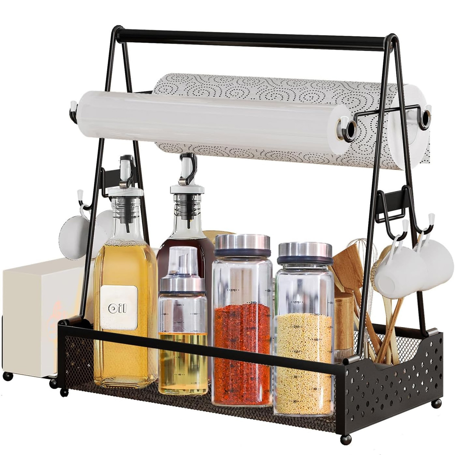 Image of Spacious Metal Utensil Organizer Featuring 4 Hooks And 2 Holders For Paper Towels - Perfect For Outdoor Cooking, Picnics, And Camping - Great For Bbq And Kitchen Storage, Utility Racks