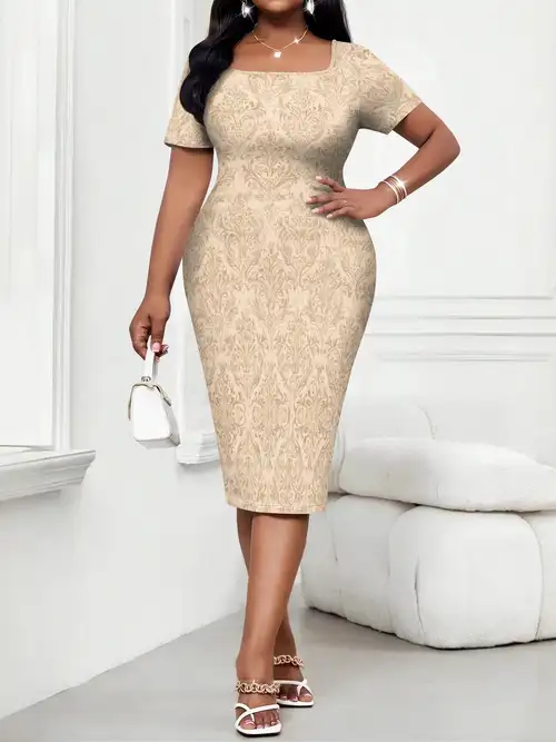 plus size tan lace dress Plus Size - Stone Beige Lace & Chiffon Skater Dress