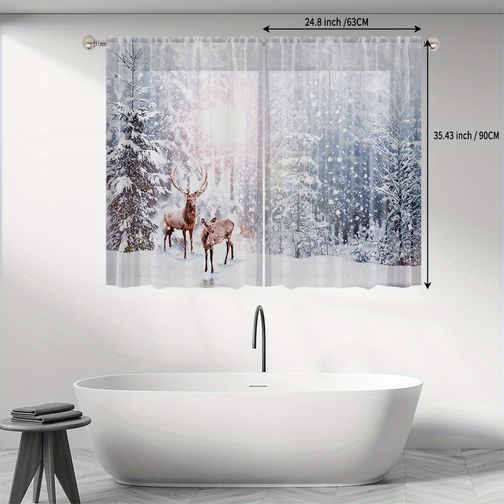 TEMU Ensemble de 2 rideaux de fenêtre semi-transparents en polyester pour Noël, conçus pour fenêtres, avec paysage extérieur de - et de neige,