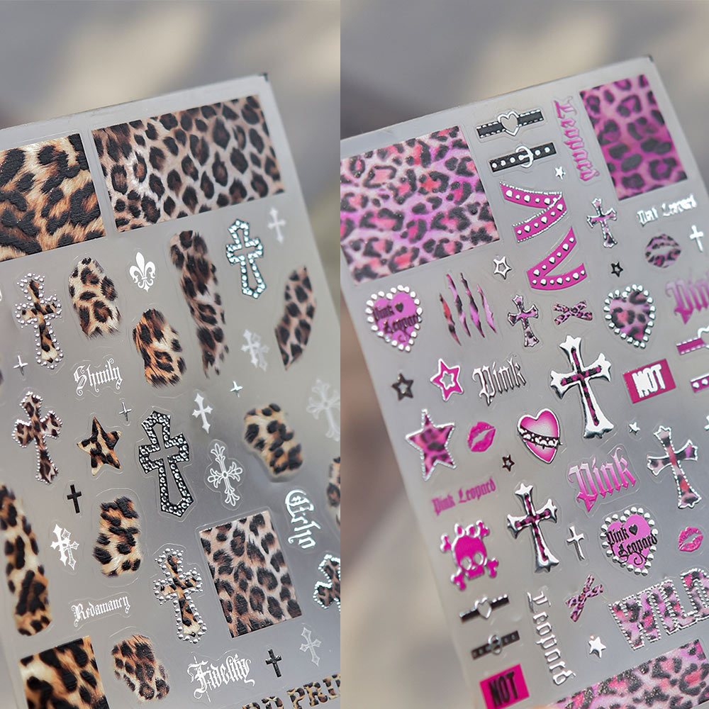 2pcs Vintage European And American Leopard Print Heart Nail Decorations | Pink Cartoon Pattern, Embossed Resin, Pre- For Single Use