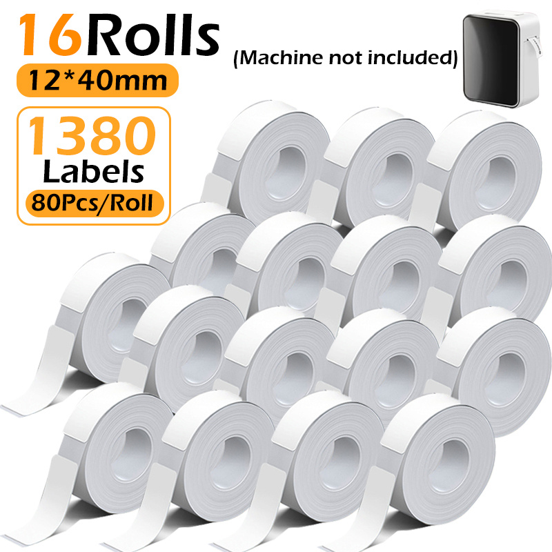 TEMU 16 rollos de etiquetas adhesivas blancas de 12*40 mm, 1380 etiquetas en total, papel de papelería para impresión térmica de etiquetas, se