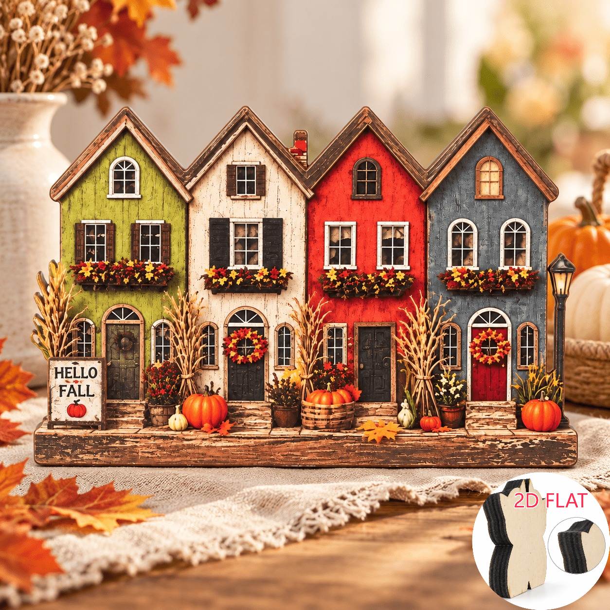 TEMU 2d Flat - 1pc Retro Autumn House Ornament, Pumpkin Harvest Theme Desktop Decoration, Country Style Shape, Suitable For Halloween, Thanksgiving,